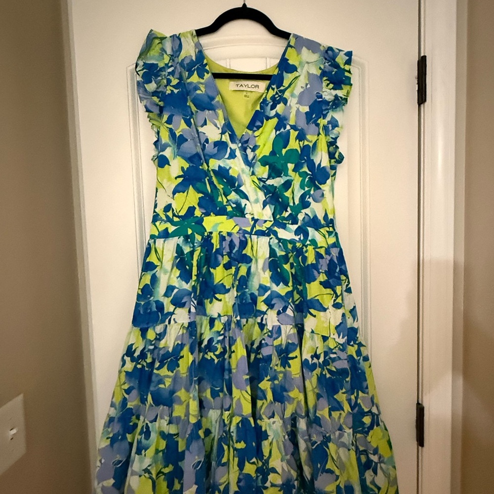 Taylor Vibrant Blue and Green Midi Dress